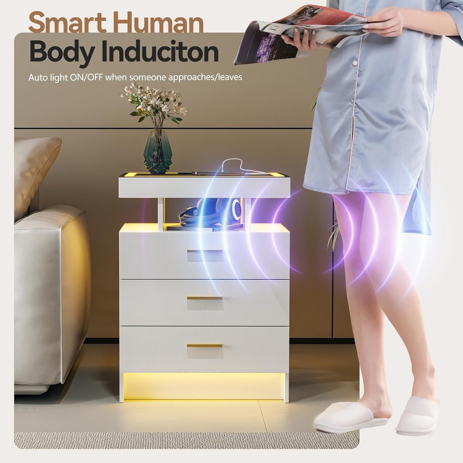 White LED Bedside Table with Wireless Charging, Glass Top & 3 Drawer Storage
