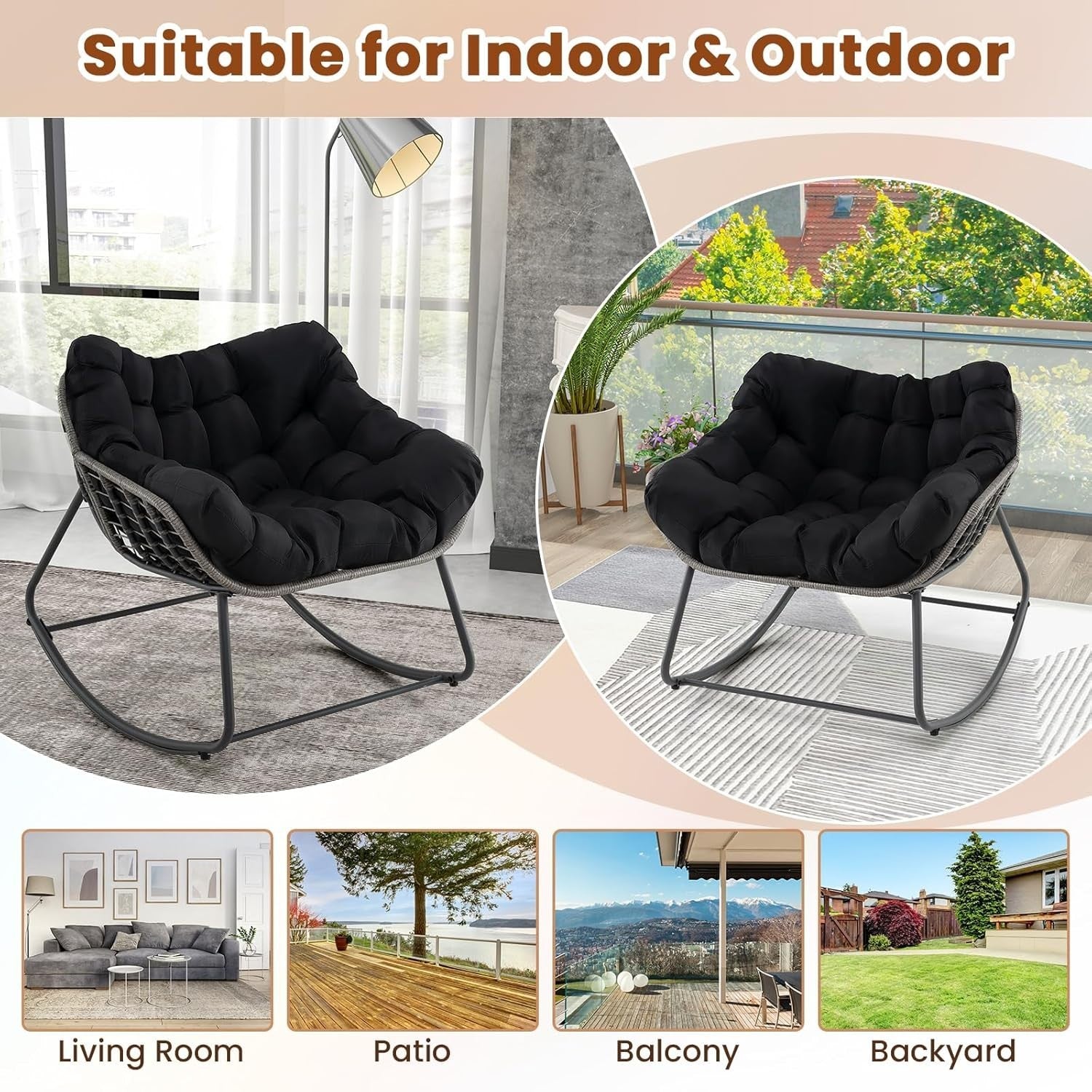 Oversized Outdoor Rocking Chair with Removable Cushion for Patio