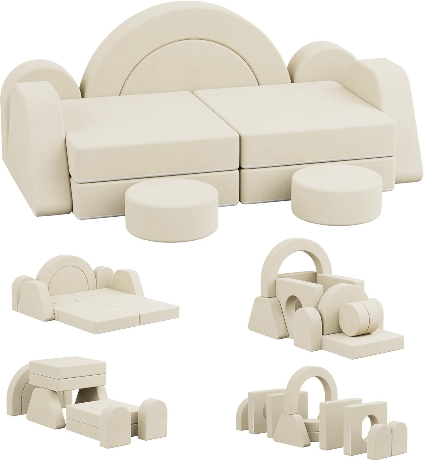 Modular Kids Play Couch Sofa Bed Foam Fort Building Set Beige