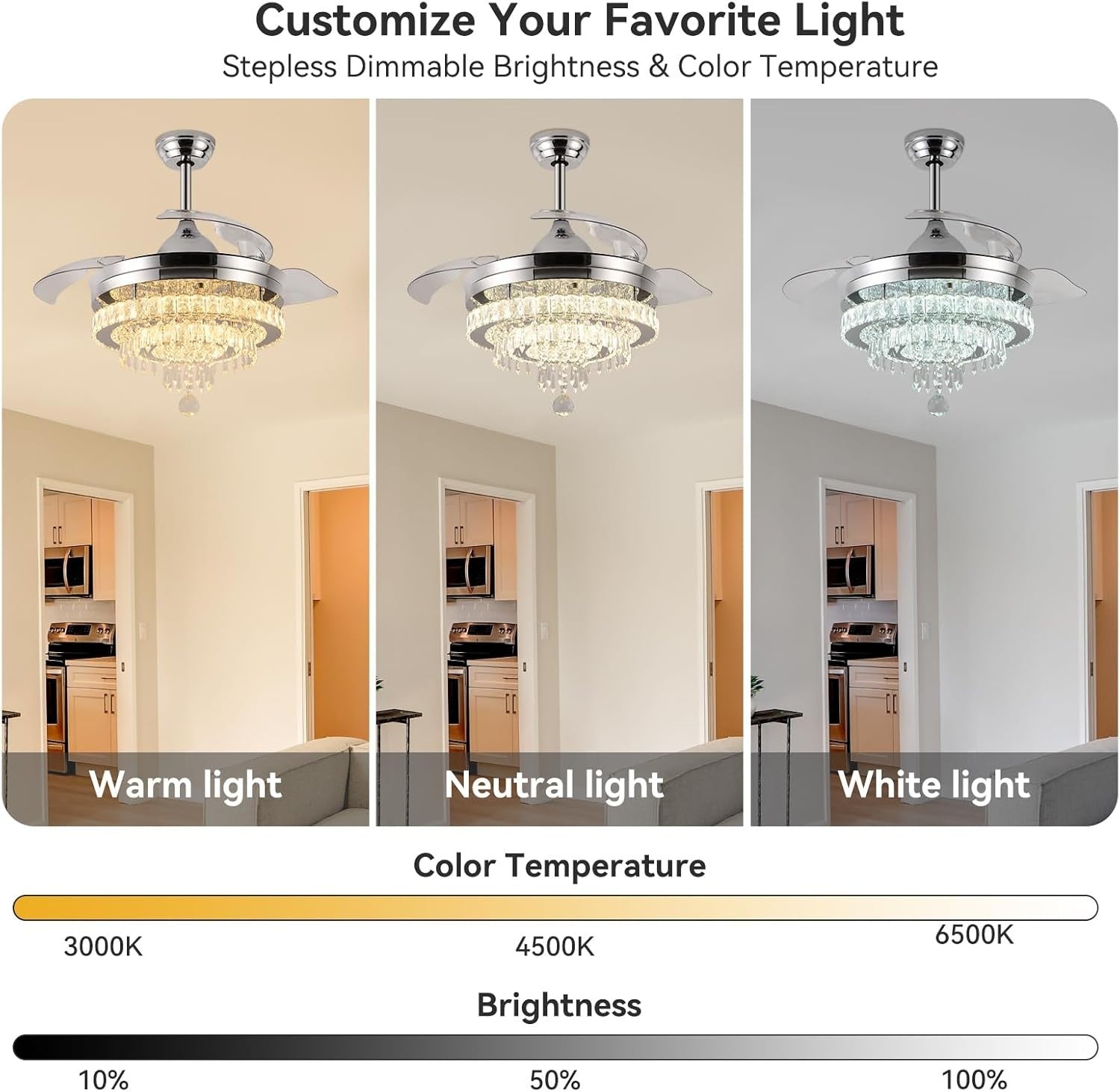 42" Crystal Ceiling Fan with Light Dimmable Remote Black