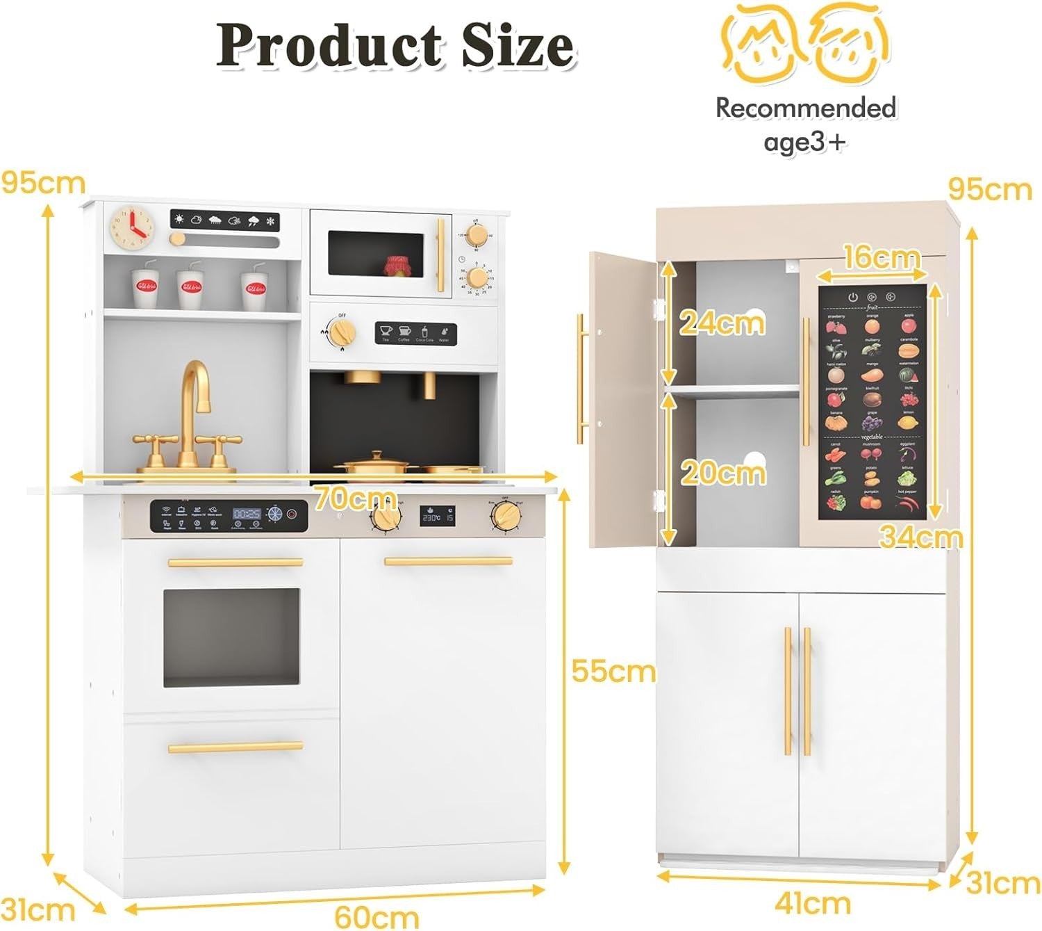 Large Wooden Kids Play Kitchen White w/ Lights Sounds Coffee Bar
