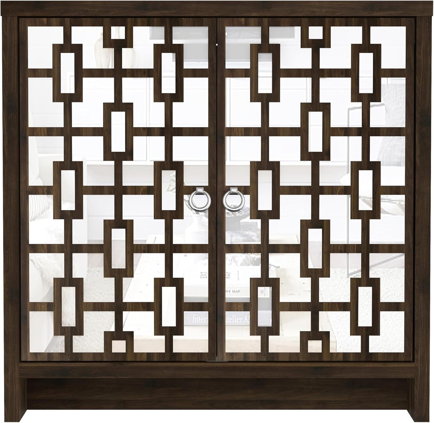 Walnut Mirrored Sideboard Cabinet 2 Door Storage Laser Cut Design