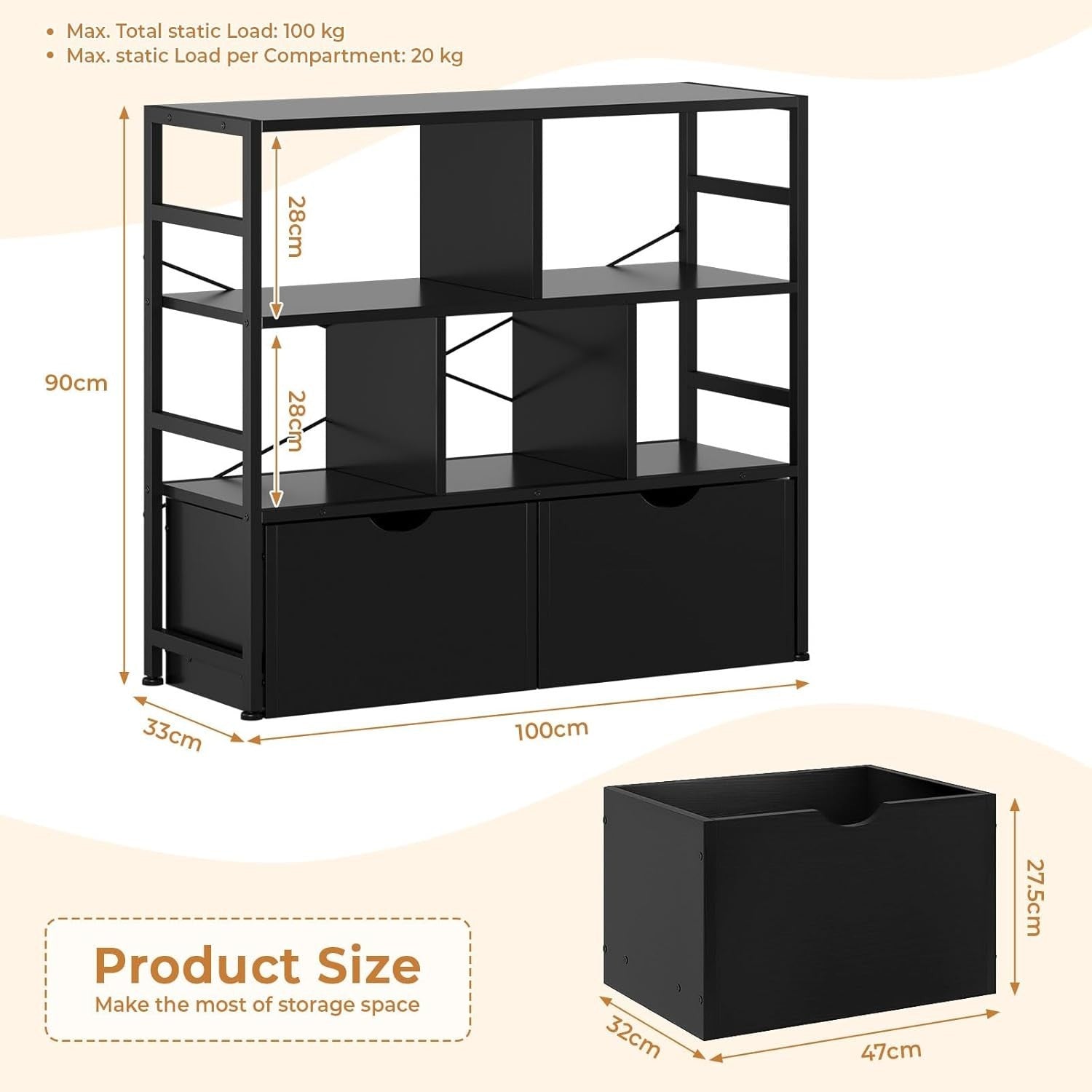 4 Tier White Bookcase with 2 Drawers Modern Storage Shelf for Living Room Black