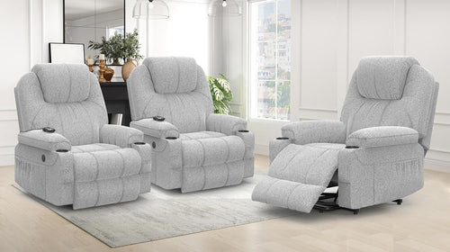 Set of 3 Power Lift Recliner Chairs Massage Heat USB-C Footrest Cup Holders Grey