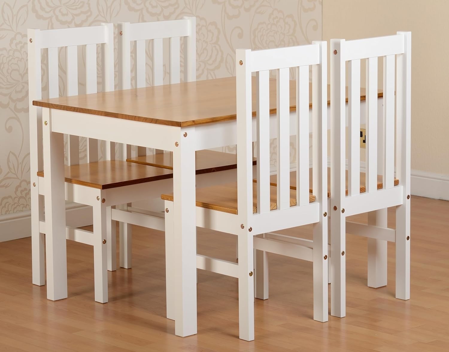 White Oak Effect 5-Piece Dining Set | 4 Slatted Chairs + Table | Rustic Farmhous