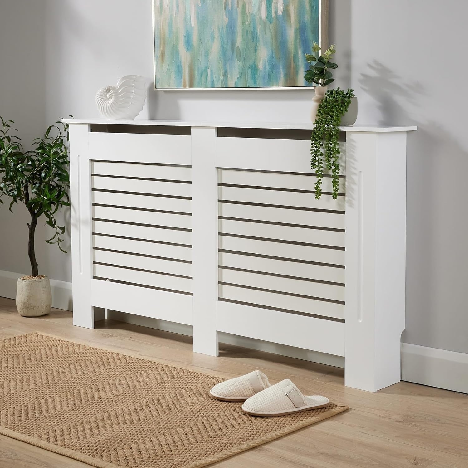 White Radiator Cover Wooden Slatted Grill Cabinet 152x19x82cm Large