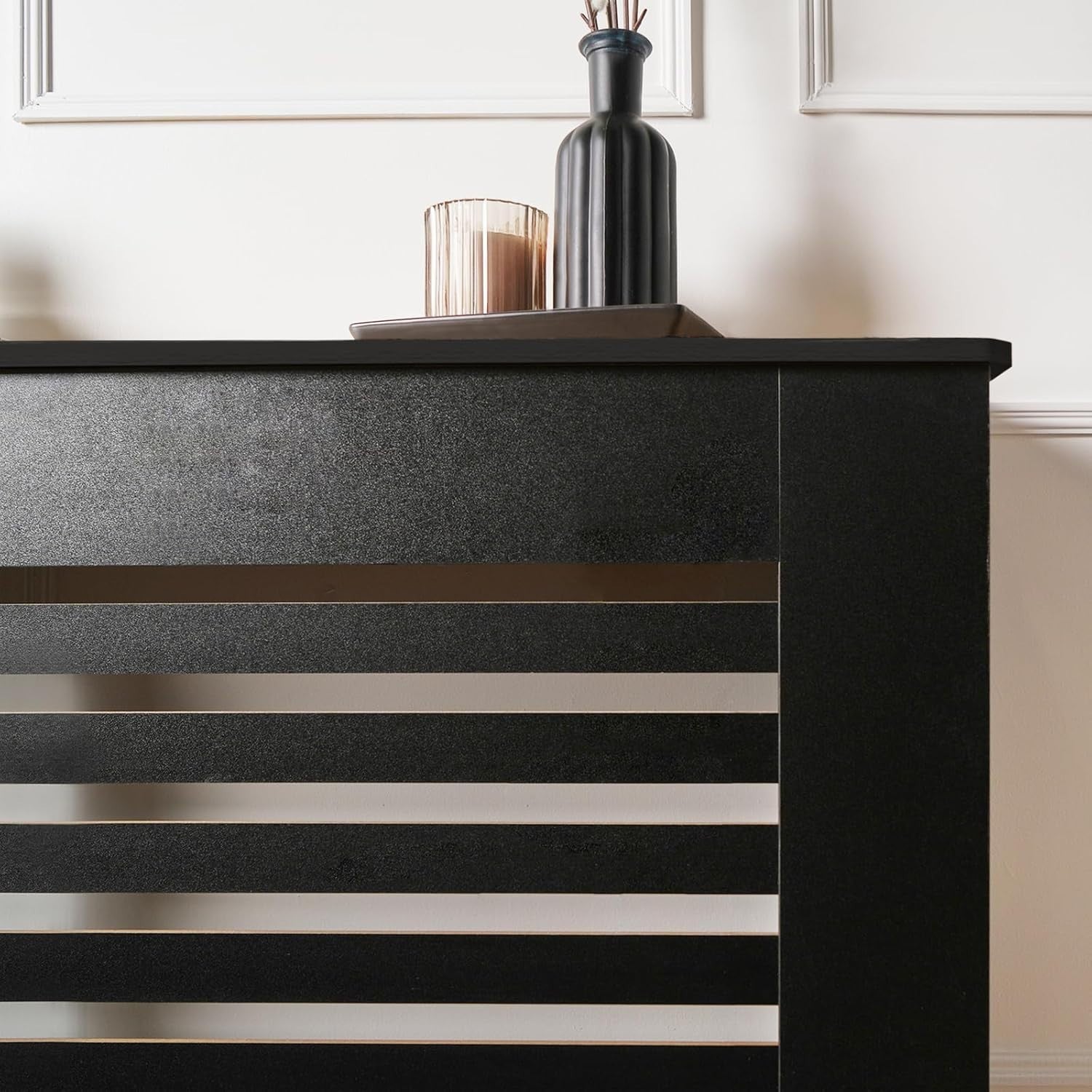 Large Black Radiator Cover MDF Slatted Cabinet – Modern Wooden Heater Shelf