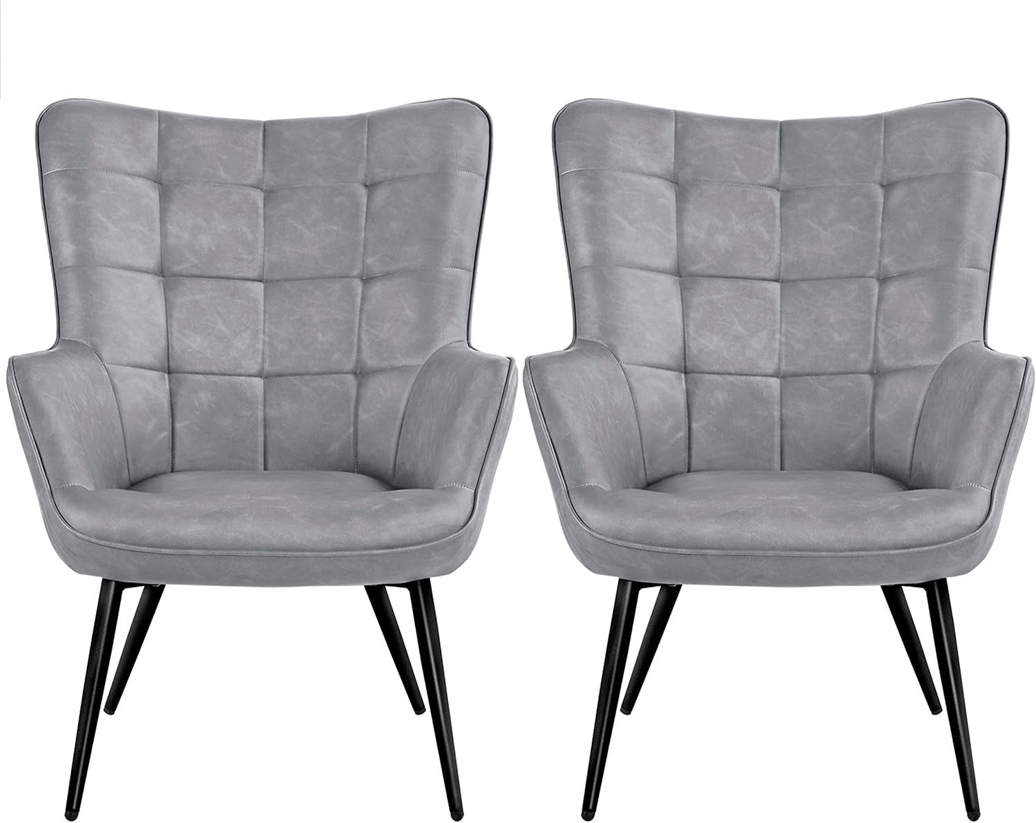 Modern Gray Faux Leather Accent Chairs - High Back, Wingback Armchairs x2