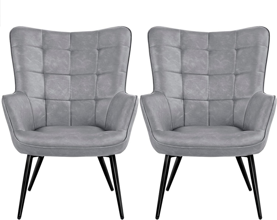 Modern Gray Faux Leather Accent Chairs - High Back, Wingback Armchairs x2