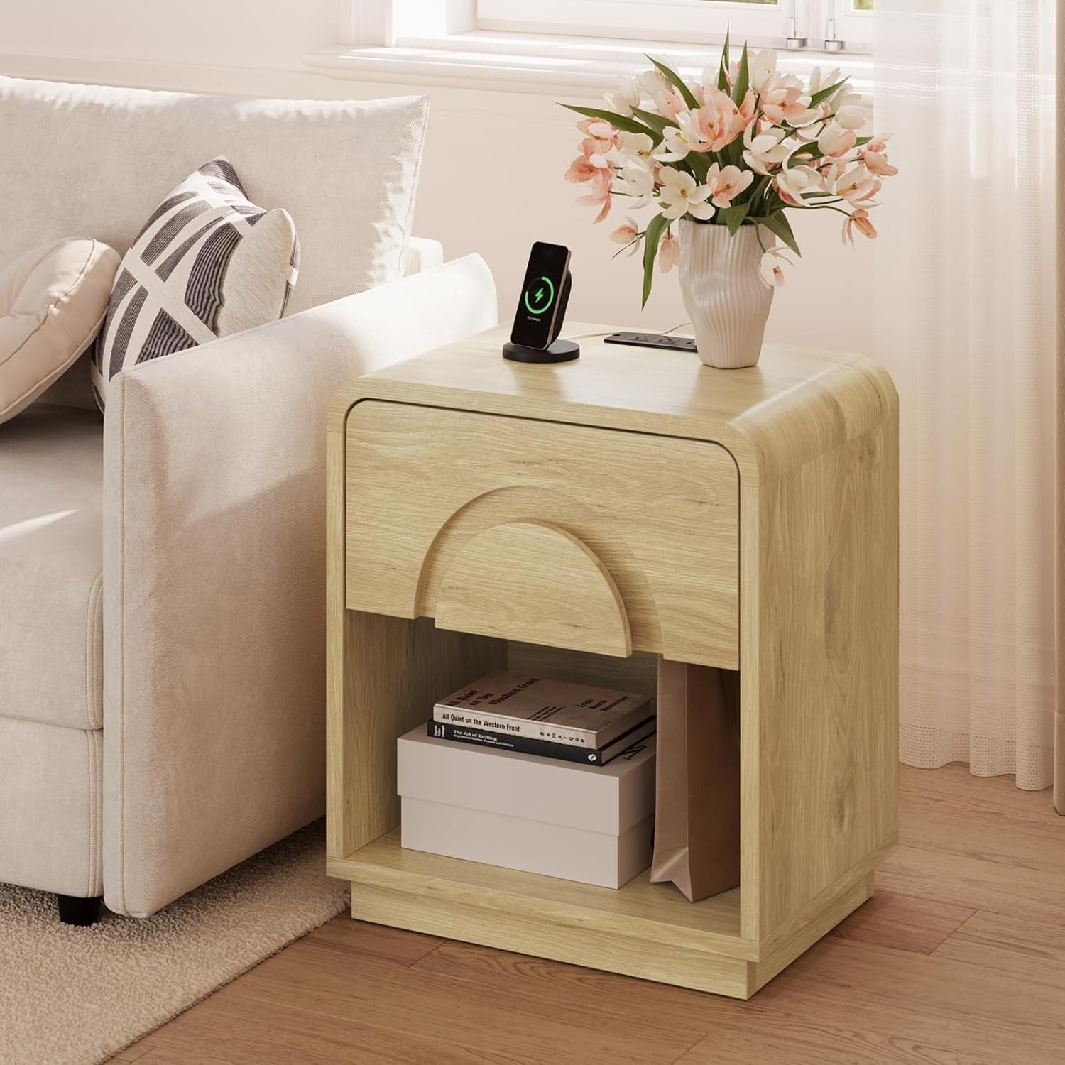 Modern Curved Bedside Table with Charging Station & Drawer Storage – Natural Woo