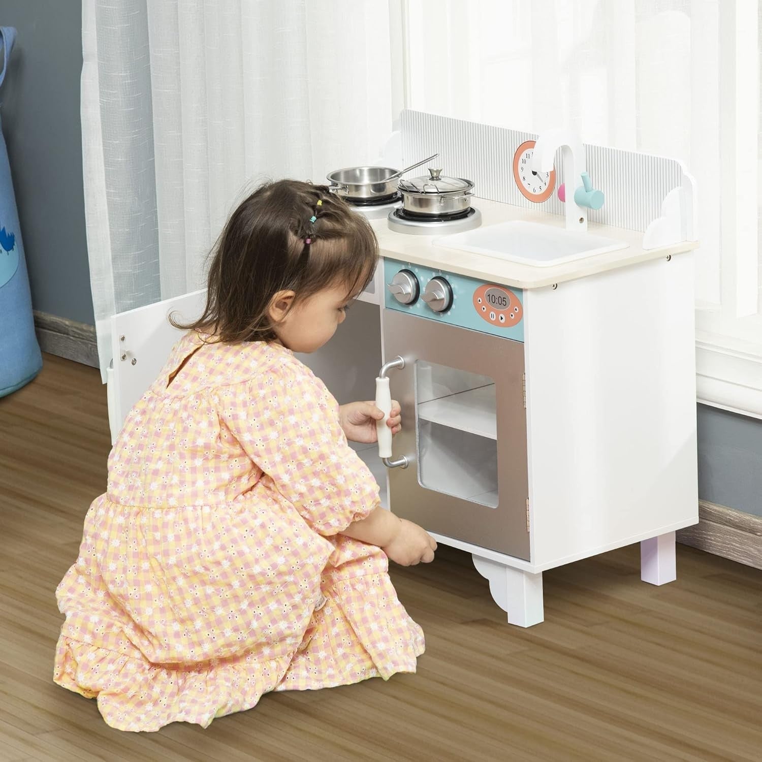 Kids Wooden Play Kitchen Toy Set w/ Sink Pots Storage White
