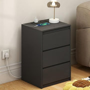 Modern Bedside Table with 3 Drawers & Power Station, Black Wooden Nightstand