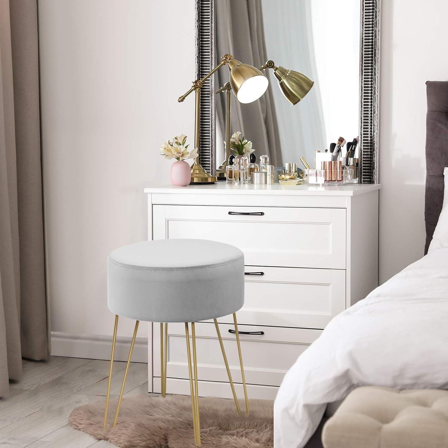 Grey Velvet Round Footstool Modern Dressing Table Stool with Metal Legs