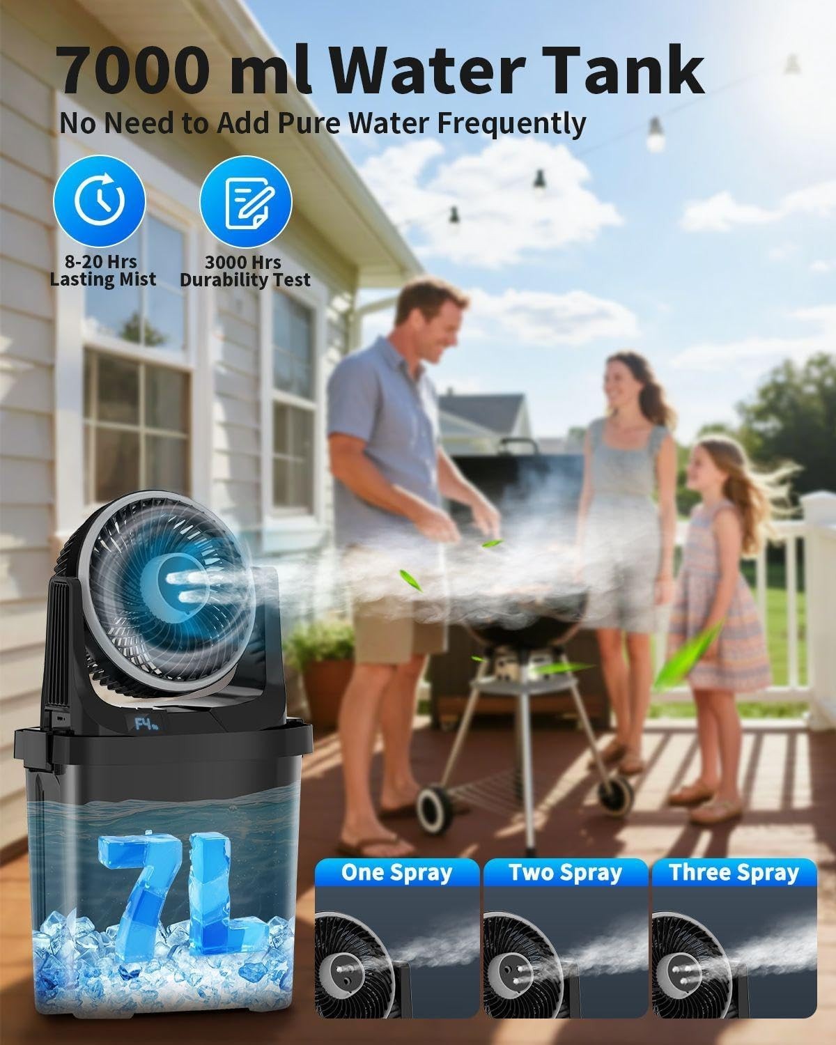 Portable Air Cooler Fan Black – 3in1 Misting 20000mAh Battery 7L Tank 30dB Quiet