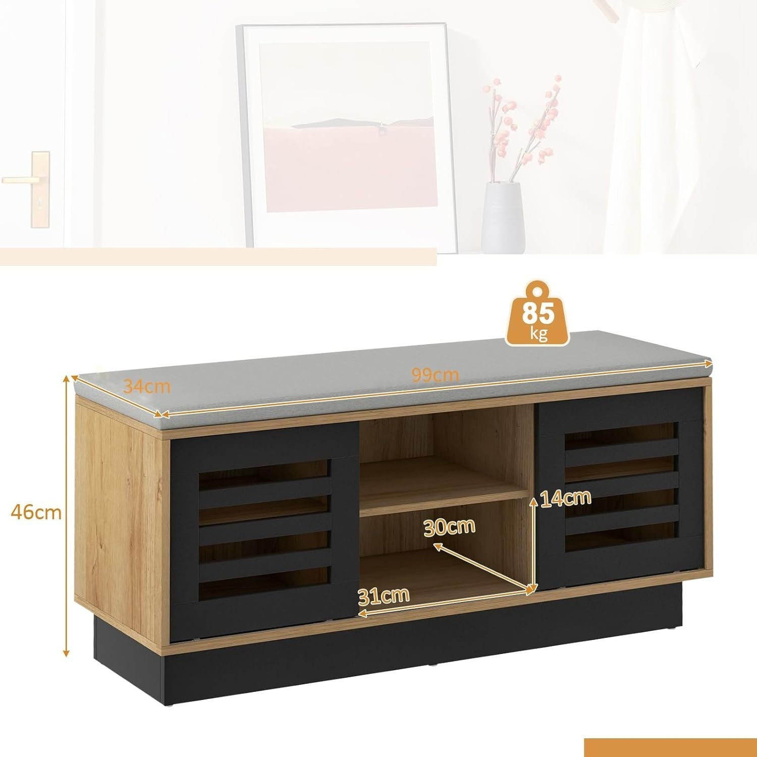 2-Tier Shoe Storage Bench with Cushion, 6 Compartments & Sliding Doors
