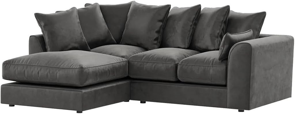 Grey Plush Velvet Corner Sofa with Footstool – 4 Seater L Shape Couch