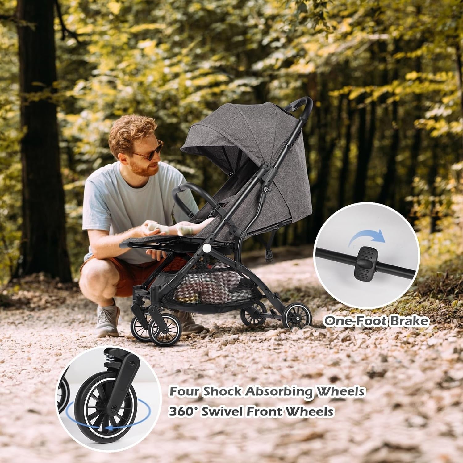 Compact Travel Pushchair Buggy One-Hand Fold Newborn–3Y 15kg Dark Grey