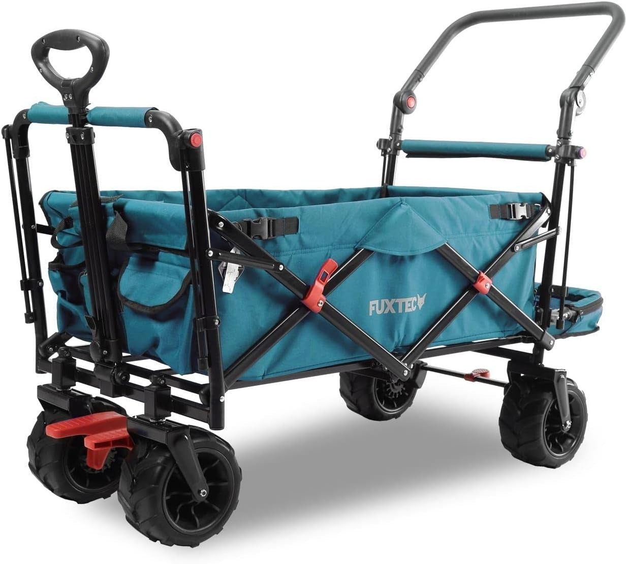 Blue Beach Wagon Foldable Cart w/ Roof Extra-Wide Wheels Push Handle & Brake