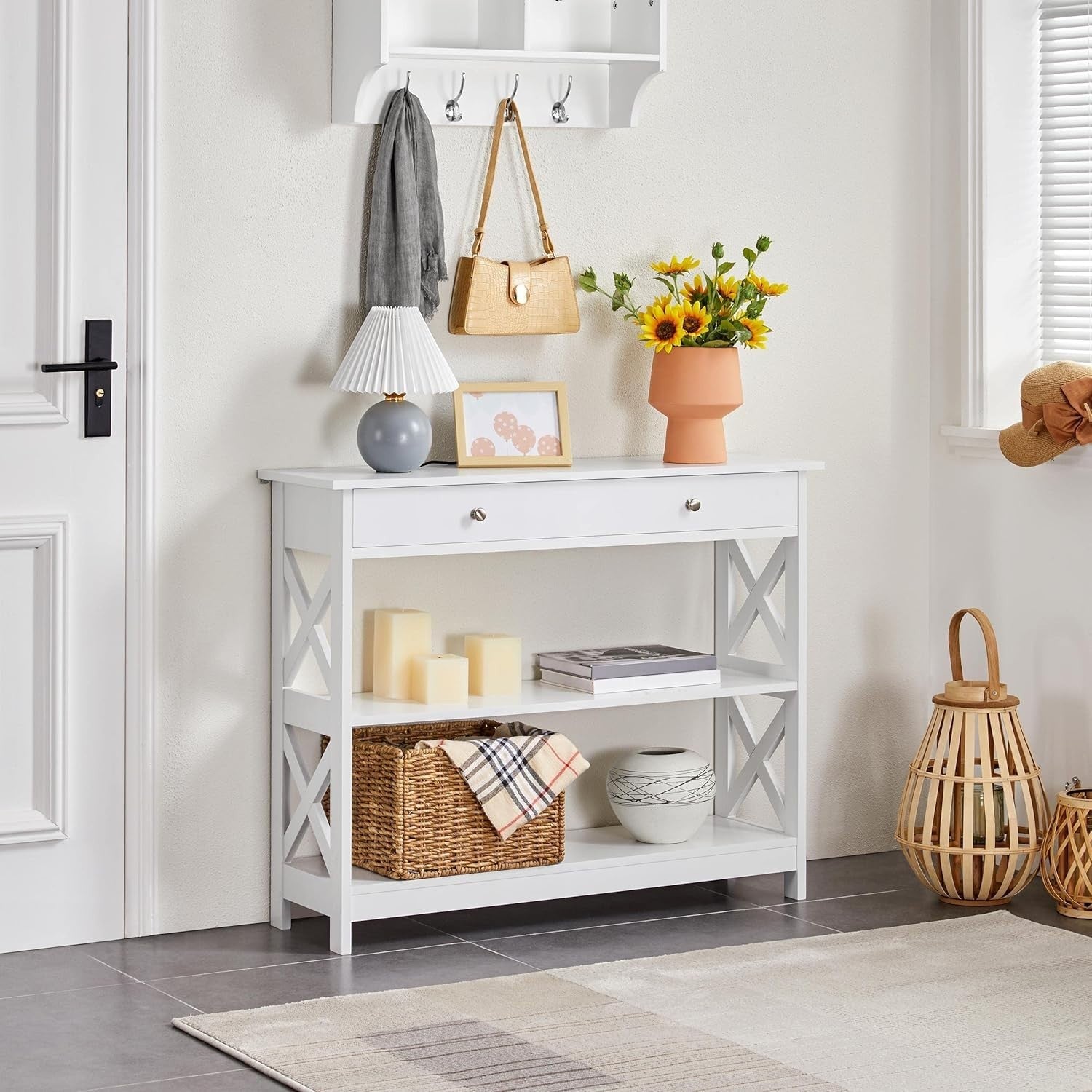 3-Tier White Console Table with Drawer & Storage Shelf, 100x30x80cm, Sturdy
