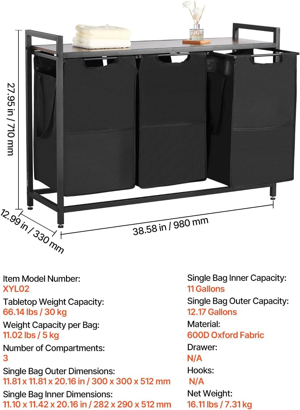 3 Section Laundry Sorter With Tabletop Metal Frame 600D Oxford Bags Black