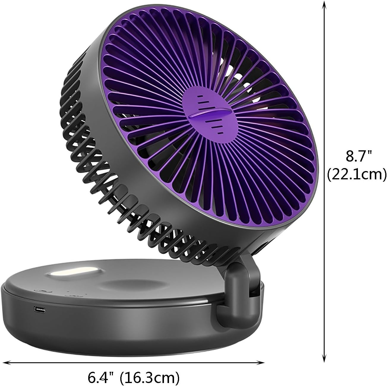Foldable Black Table Fan w Night Light 5-Speed Quiet Rechargeable Air Circulator