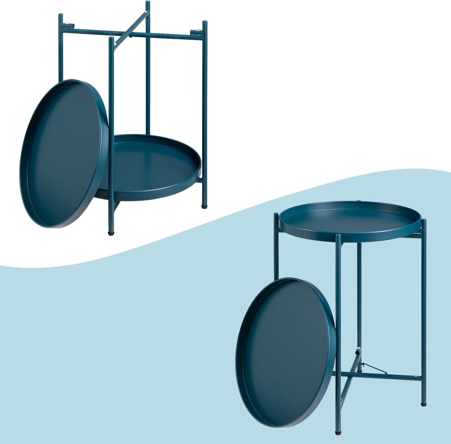 Small Round Metal Side Table 2-Tier Coffee Table Removable Tray Peacock Green