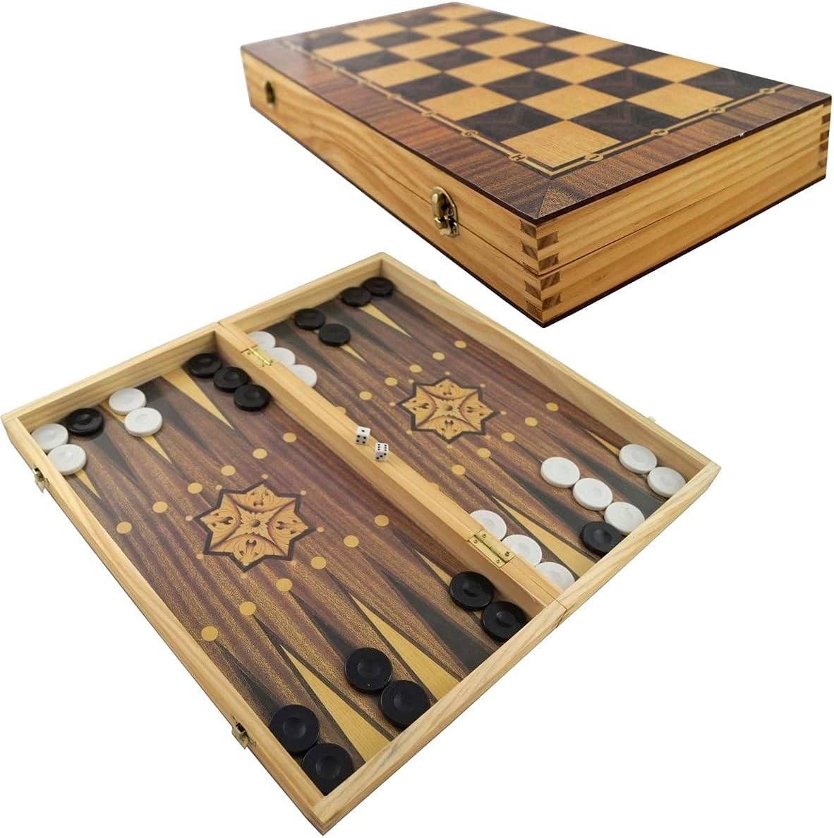 Large Wooden Backgammon Set 40x40cm Folding Board with Chessboard