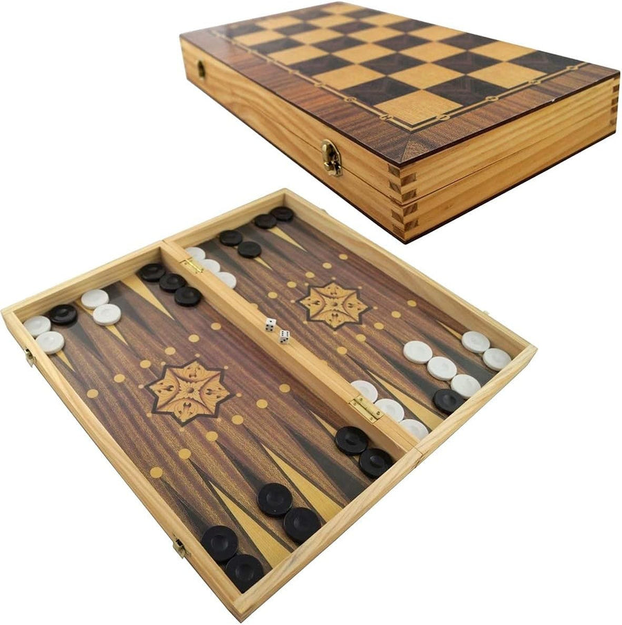 Large Wooden Backgammon Set 40x40cm Folding Board with Chessboard