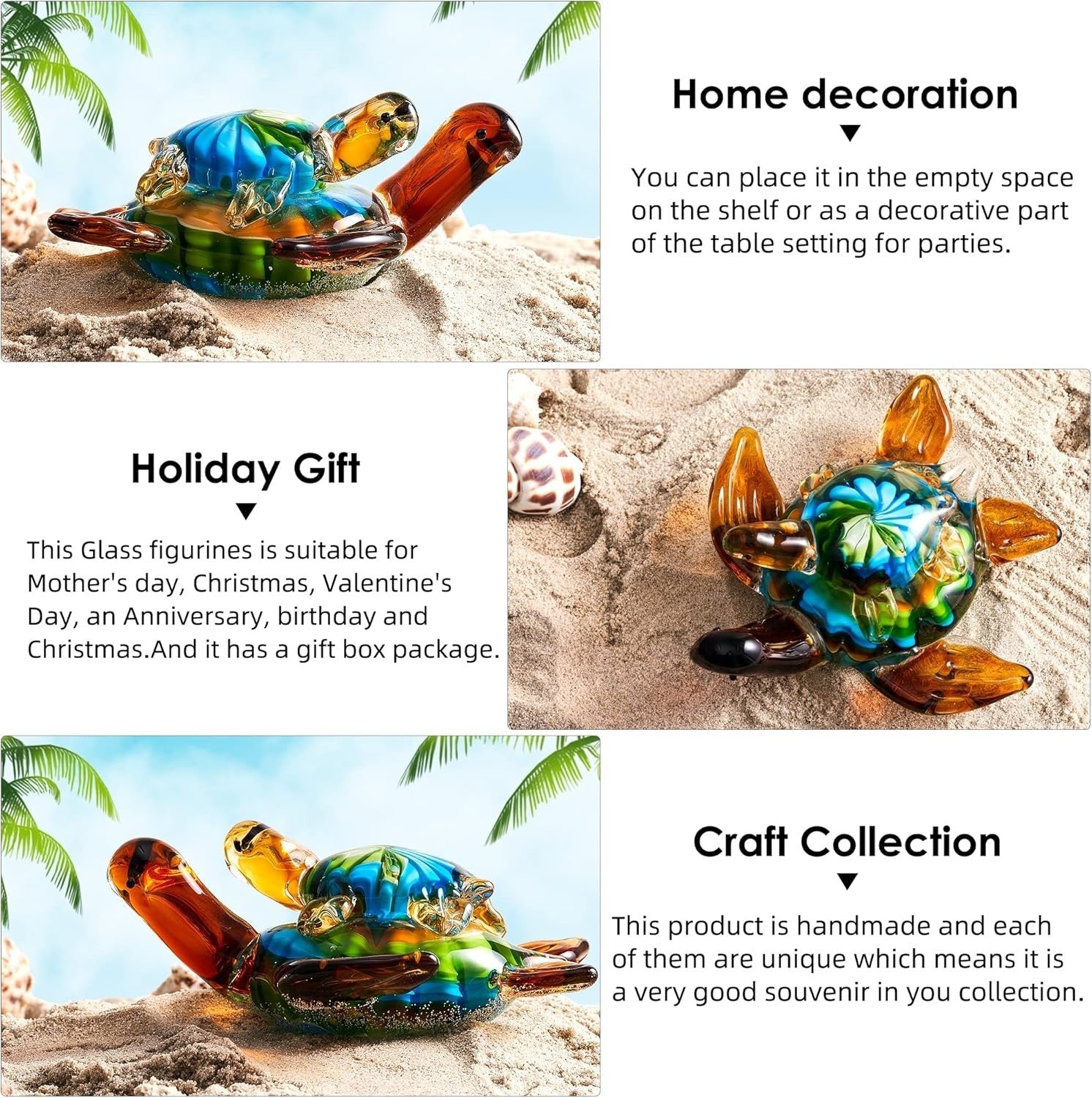 Hand Blown Glass Sea Turtle Figurine • Colourful Ocean Ornament • Art Glass Home