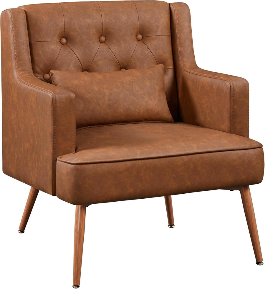 Brown PU Leather Accent Chair Lounge Tub Armchair with Cushion Retro