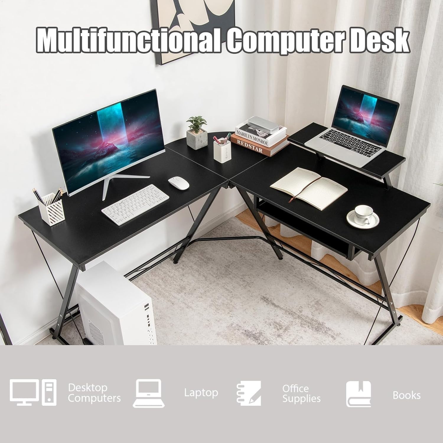 Black L-Shaped Computer Desk with Keyboard Tray & Monitor Shelf