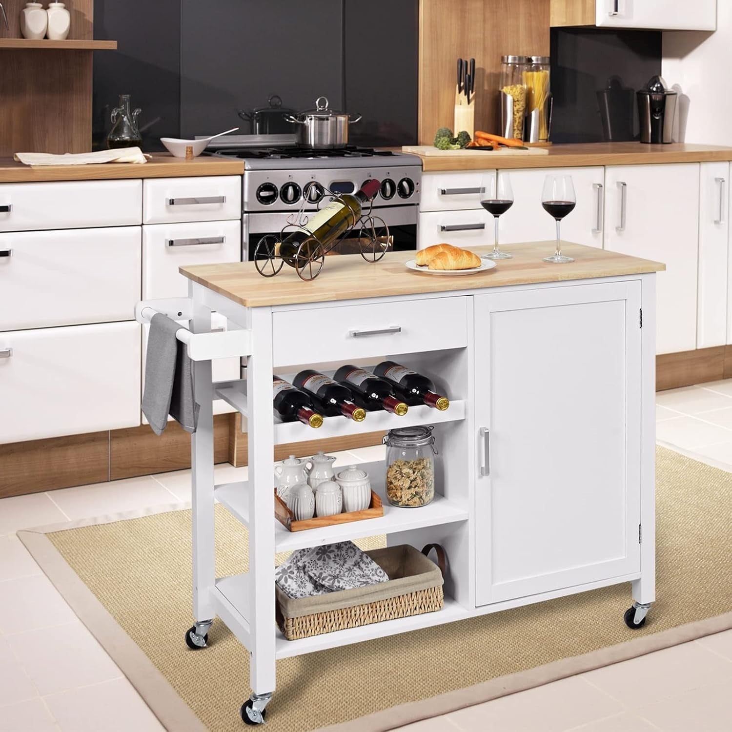 White Rolling Kitchen Island Oak Top Wine Rack Cabinet Cart