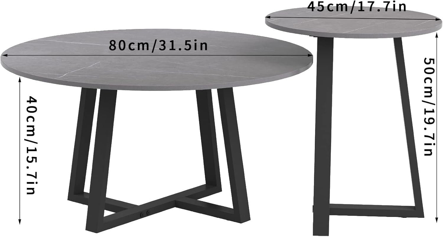 Luxury Nesting Coffee Table Marble Look Sintered Stone Black Metal Grey 80x80cm