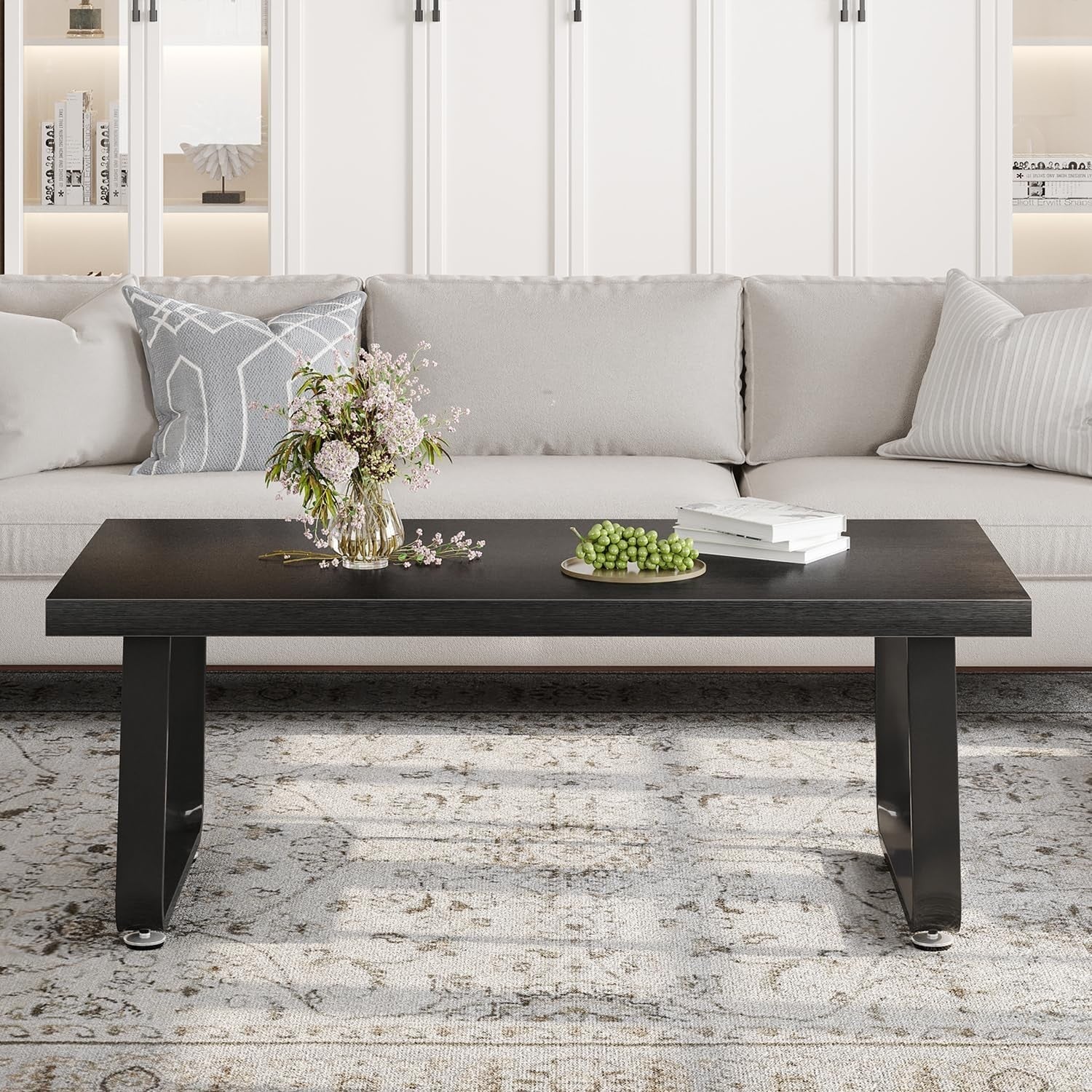 Black Oak Coffee Table 120x60x46.5cm Metal Frame, Industrial Minimalist