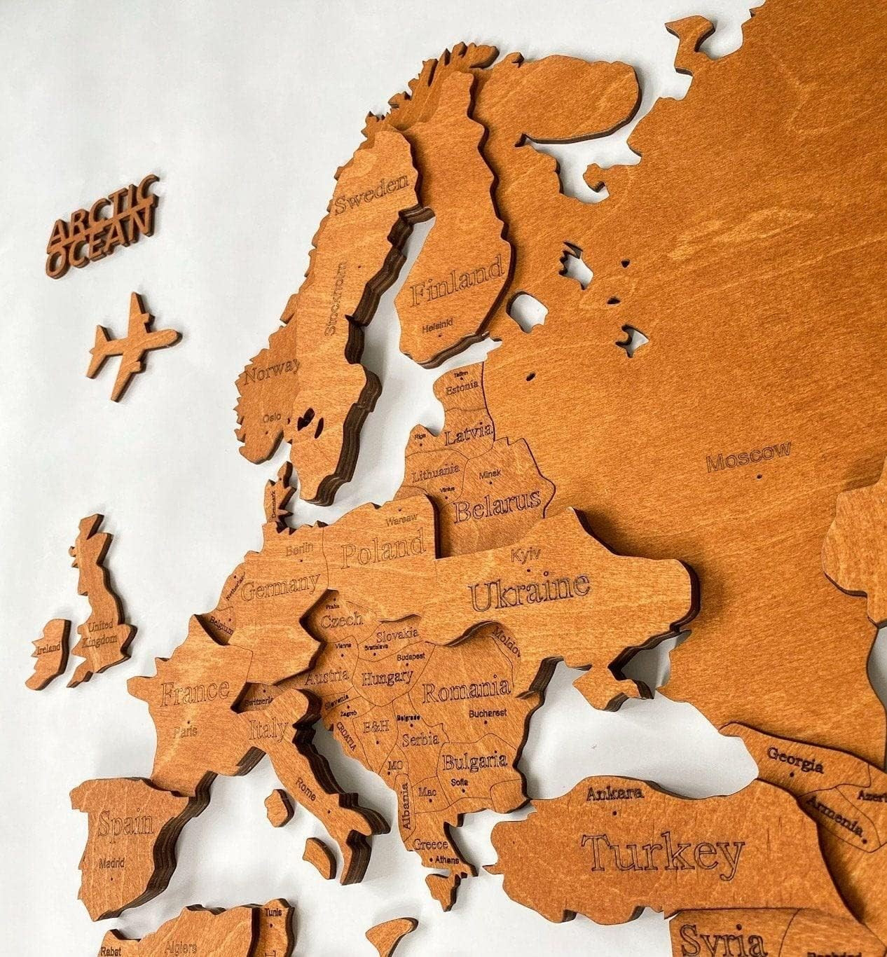 3D Wooden World Map Wall Art Walnut Large Home Office Decor