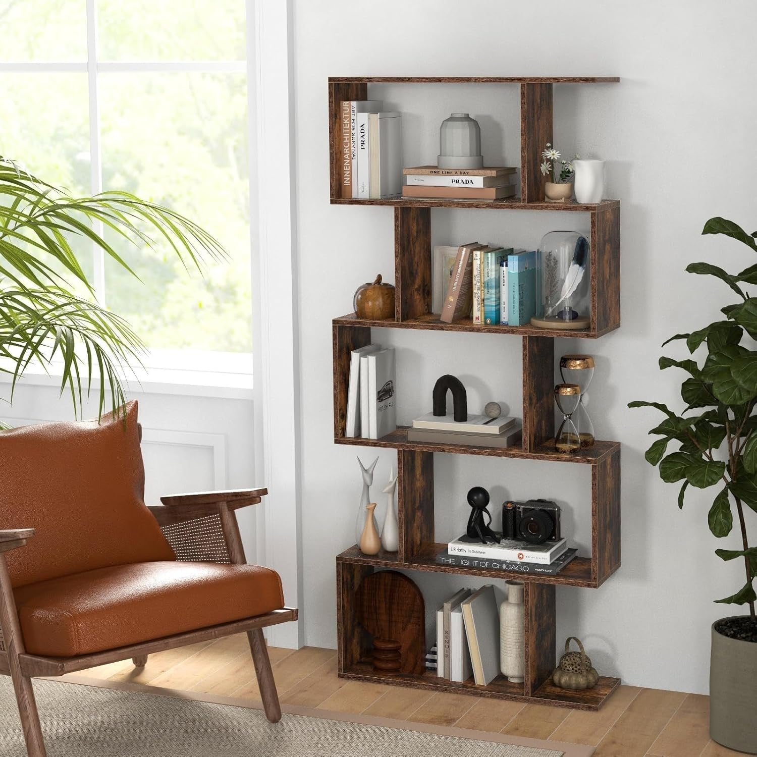 S Shaped 5 Tier Wooden Bookcase Freestanding Display Storage Shelf Rustic Brown