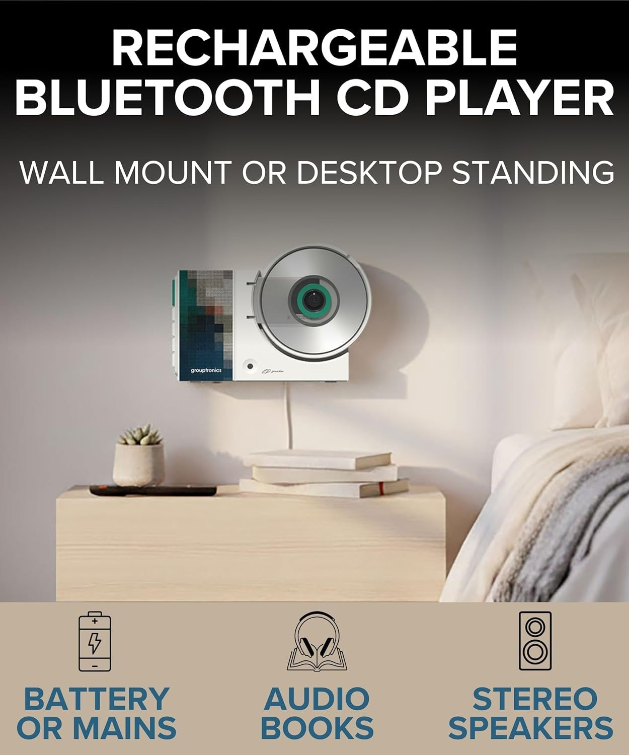 Portable CD Player Bluetooth Rechargeable w/ Speakers Wall Mount Green