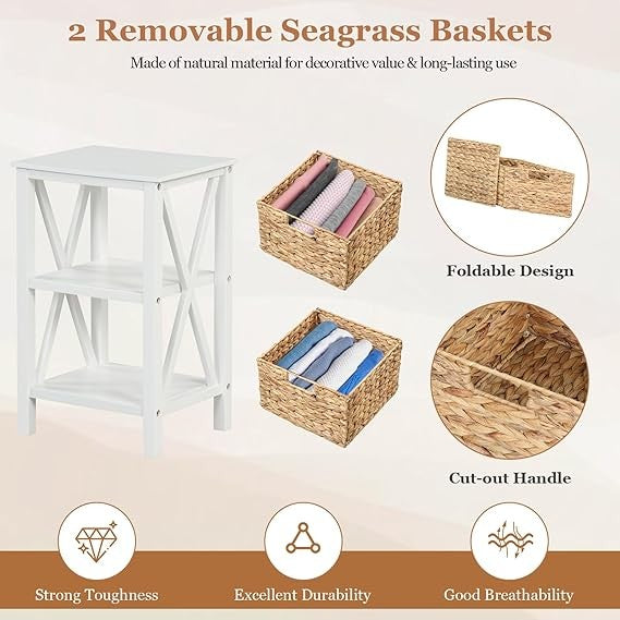 2x White Bedside Tables with Seagrass Baskets | Rustic 2-Tier Slim Nightstands
