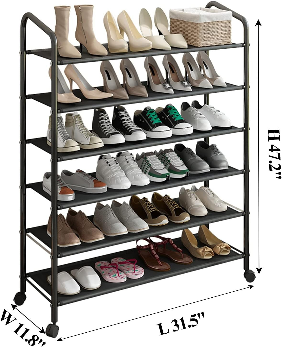 6-Tier Rolling Shoe Rack with Locking Wheels & Durable Fabric, Holds 20-35 Pairs