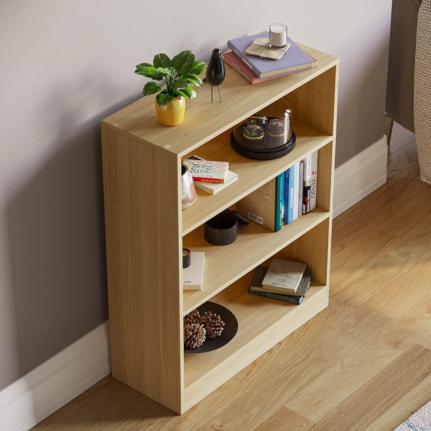 3 Tier Oak Wooden Bookcase Modern Storage Display Shelf for Living Room Low