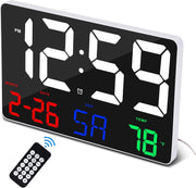 White Large Digital Wall Clock Remote Control Date Temp 12/24H
