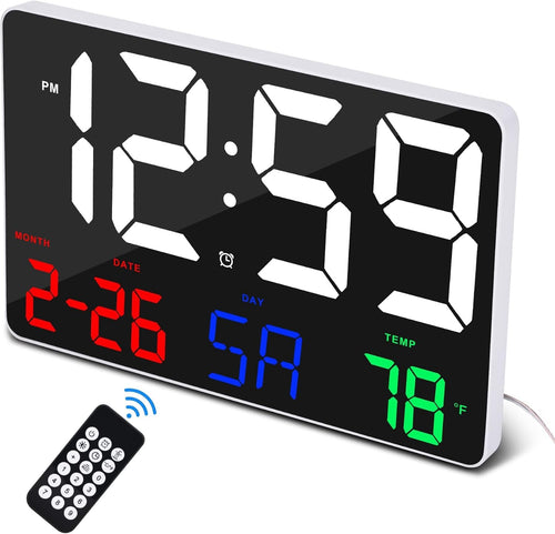 White Large Digital Wall Clock Remote Control Date Temp 12/24H