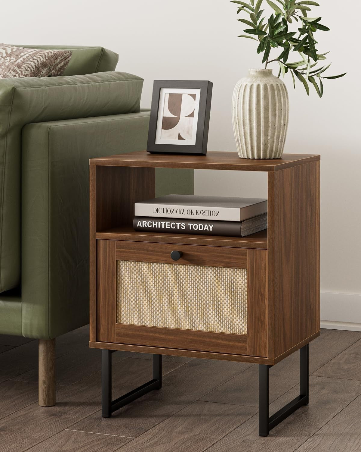 Modern Rattan Bedside Table with Drawer Walnut Wood Nightstand Farmhouse Style