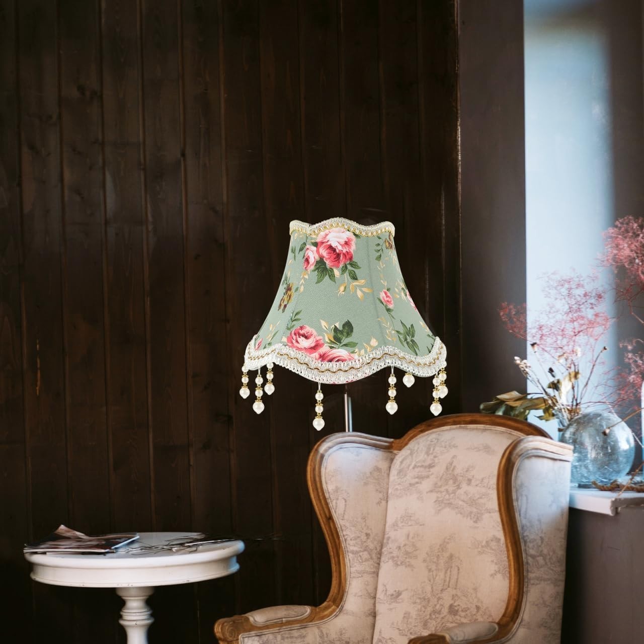 Victorian Retro Lamp Shade Fabric Pearl Tassel Floral E27 Palace Style