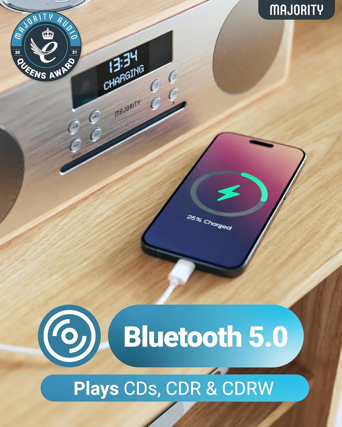 Wooden DAB+ CD Player Bluetooth HiFi Stereo FM Alarm USB Remote Oak