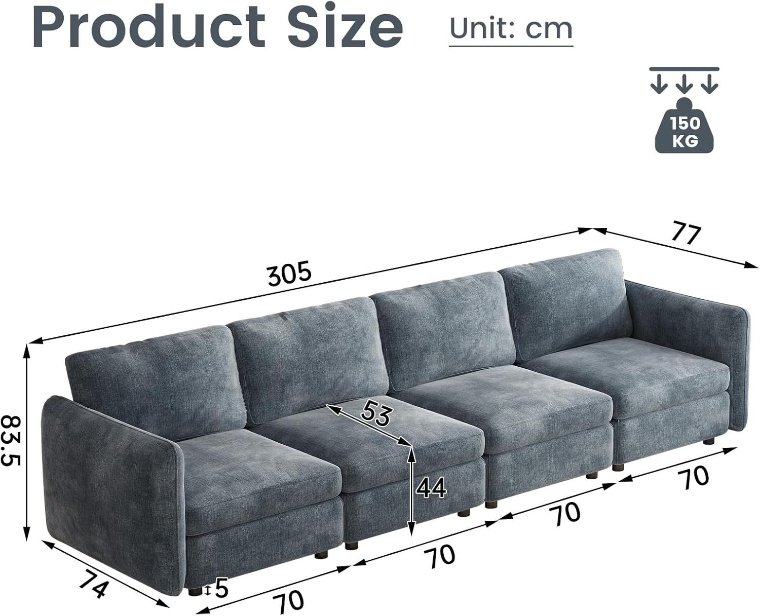 Modern 4-Seater Modular Sectional Sofa Light Blue Velvet with Removable Covers