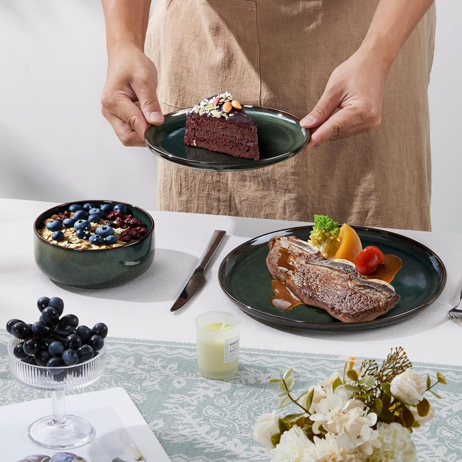 12pc Stoneware Dinner Set for 4 Green Plates Bowls Microwave Safe