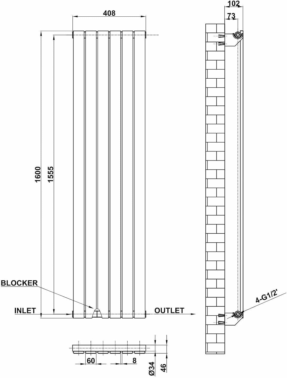 Vertical Designer Radiator Anthracite 1600x408mm Modern Central Heating