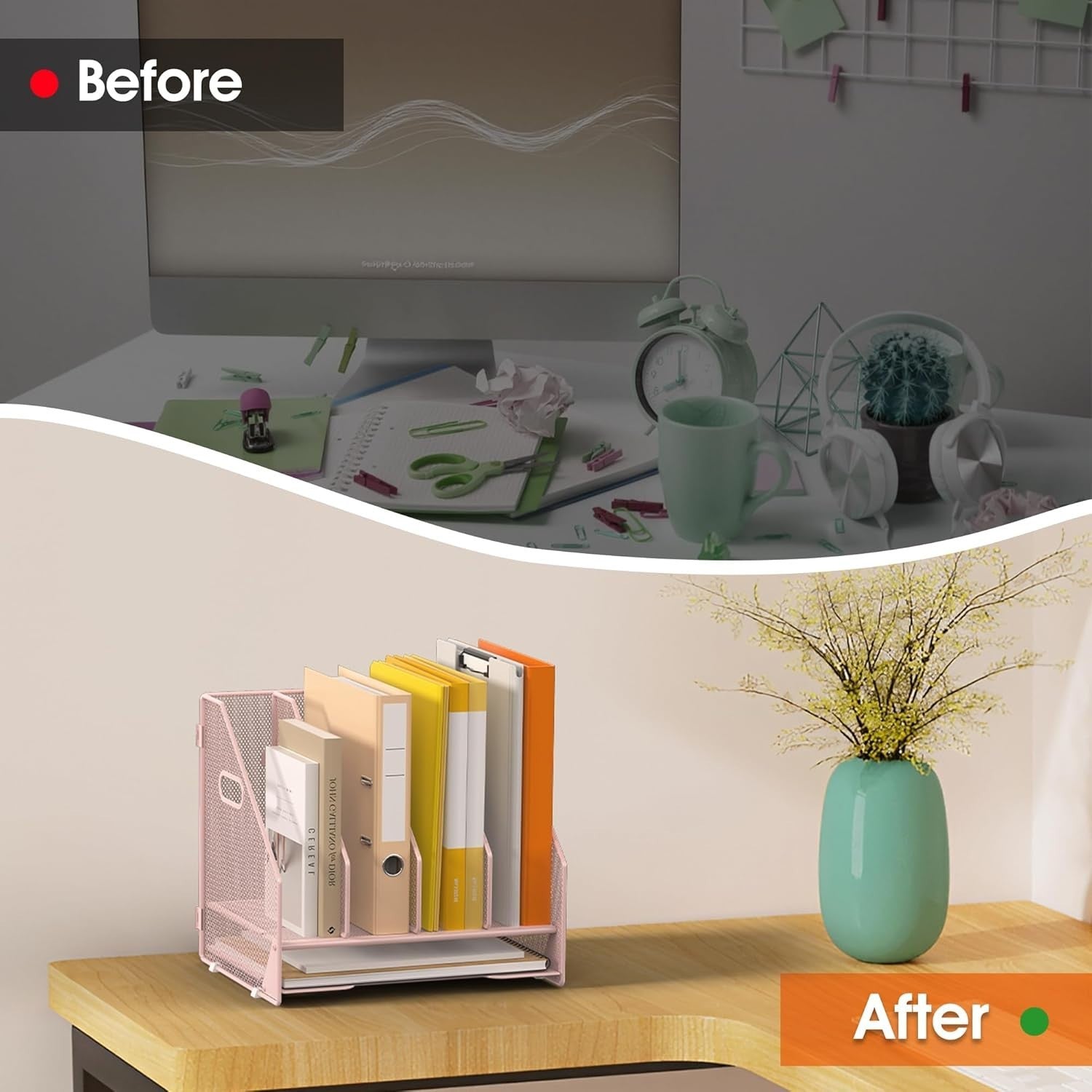 Desk File Organizer with 4 Adjustable Vertical Compartments & Letter Tray – Pink