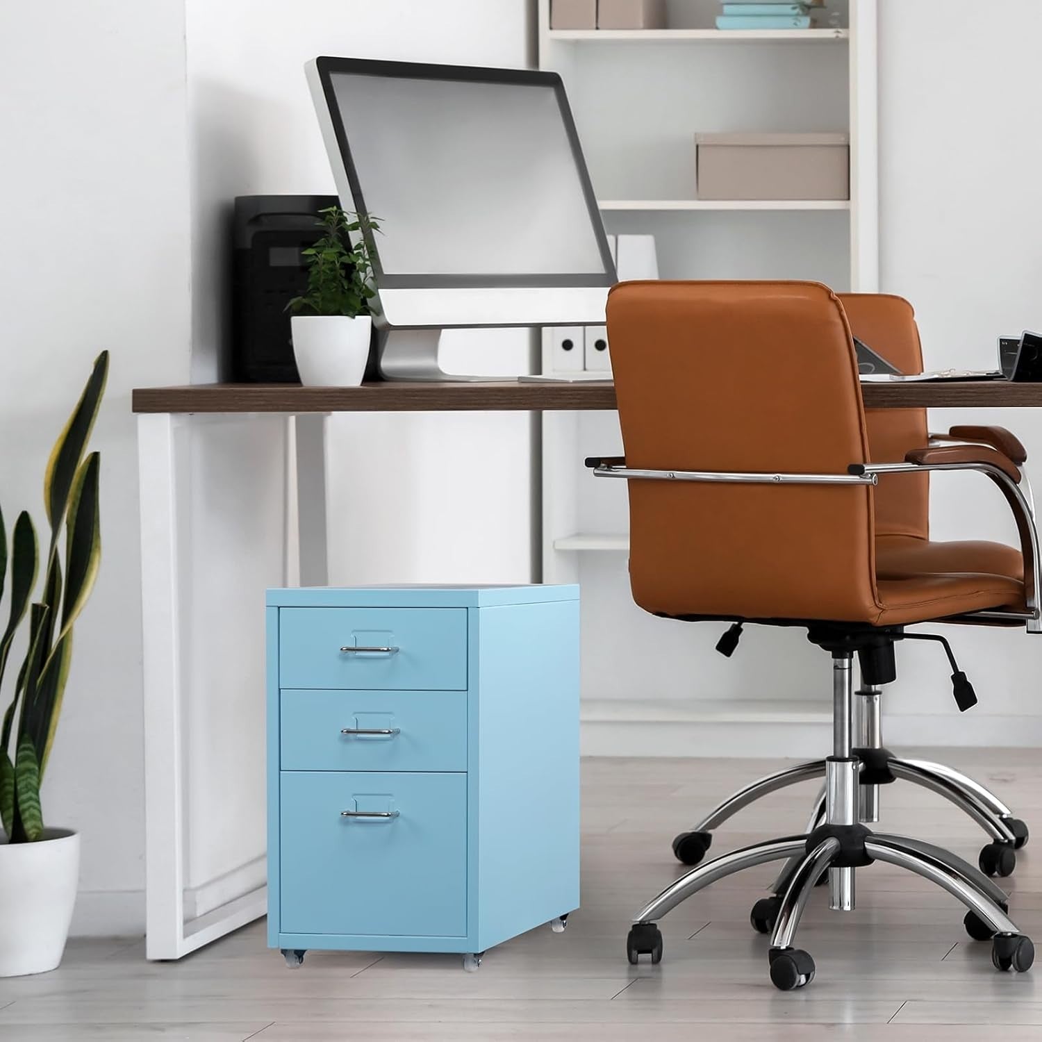 Light Blue Metal Rolling Drawer Unit 3 Tier Under Desk File Storage